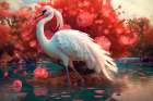 Egret in a pond with pink flowers. AI Generated. Art Print